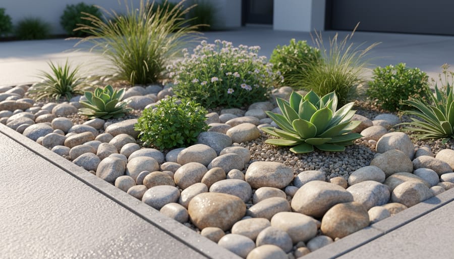 Finished urban garden bed with river rock and gravel borders and drought-tolerant plants