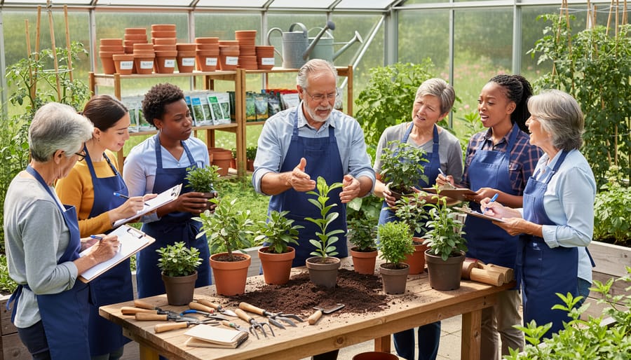 Instructor and attendees in a garden workshop reviewing a potted plant together
