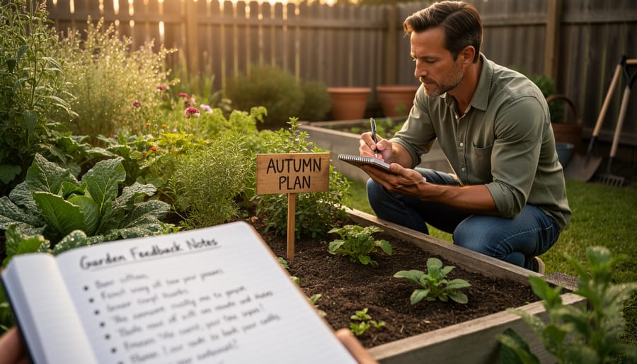 Close-up of hands writing gardening notes in a notebook beside a tool bench and seed packets