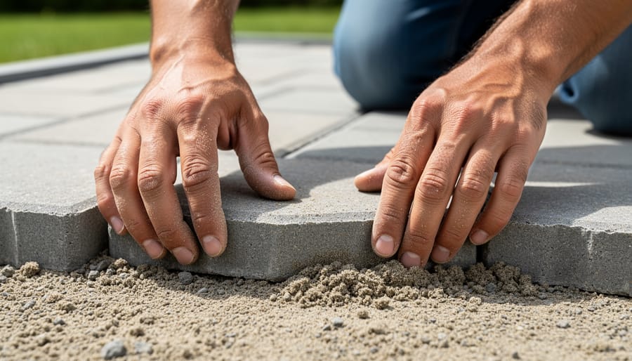 Gloved hands placing decorative stones into a prepared garden bed