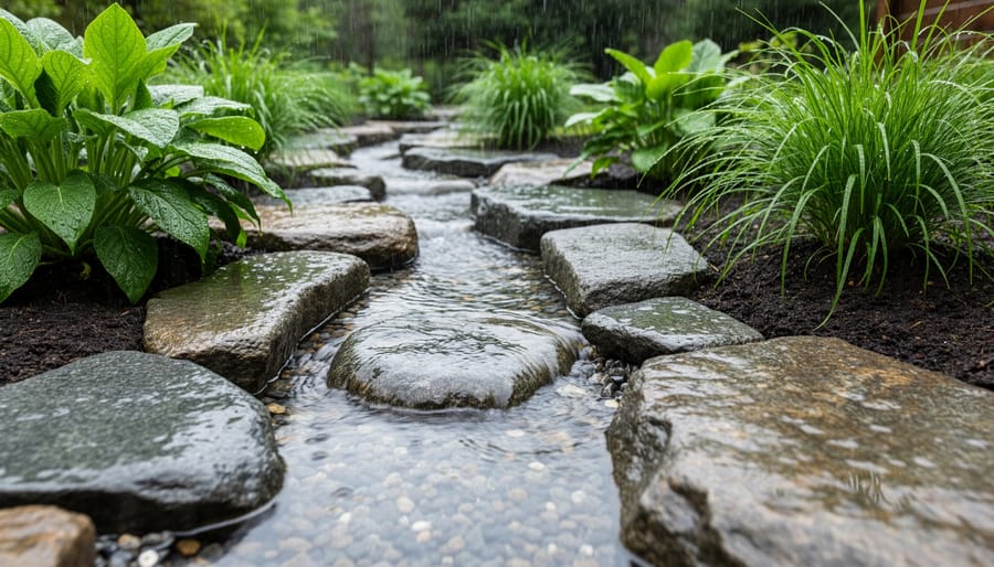 Wet stone garden bed during rain showing drainage and healthy drought-tolerant plants