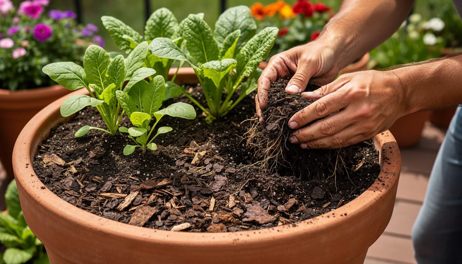 Close-up of hands adding dark organic compost and potting mix into a gardening container.