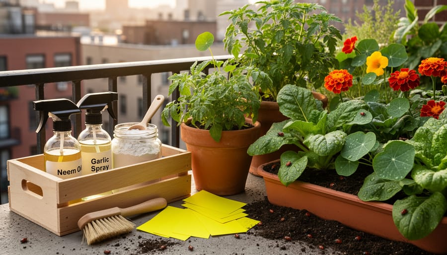 Pest control supplies for organic gardening placed next to healthy potted plants, with leaves and planter background softly blurred.