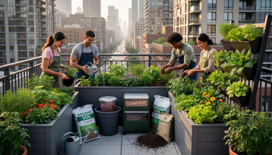 Leafy greens growing in terracotta containers on a vertical planter wall in an urban garden with a watering can and compost on the ground.